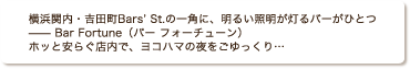 横浜関内・吉田町Bars' St.の一角に、明るい照明が灯るバーがひとつ——Bar Fortune(バー フォーチューン)ホッと安らぐ店内で、ヨコハマの夜をごゆっくり…